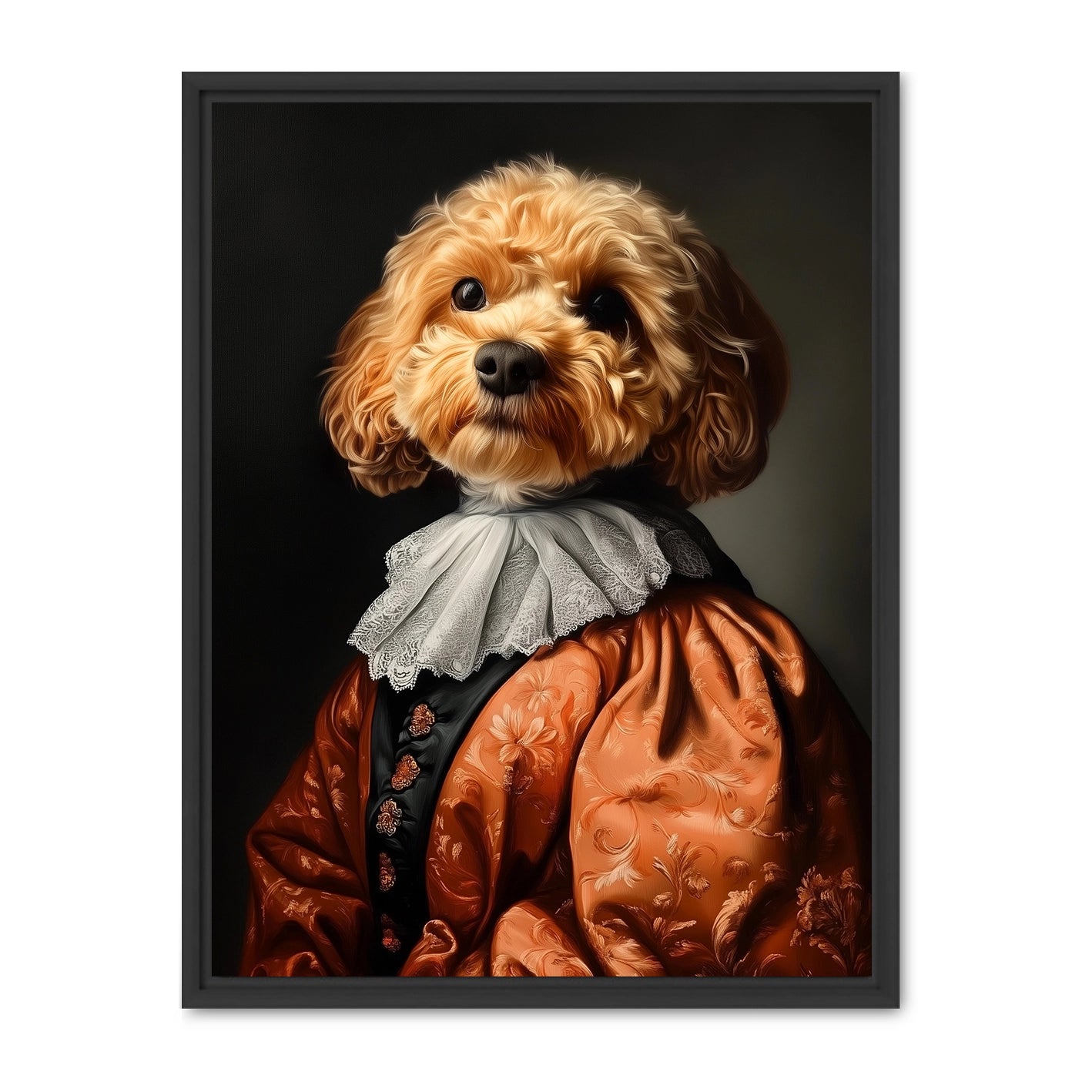 Apricotkleurige poedel met witte snoet in barokke renaissance-outfit, gepersonaliseerd hondenportret op canvas